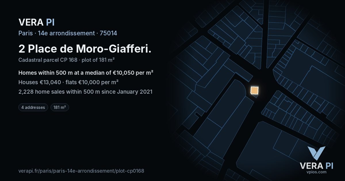 2 Place de Moro-Giafferi, 14e arrondissement at night – the plot lit, the parcels around coloured by the prices near them