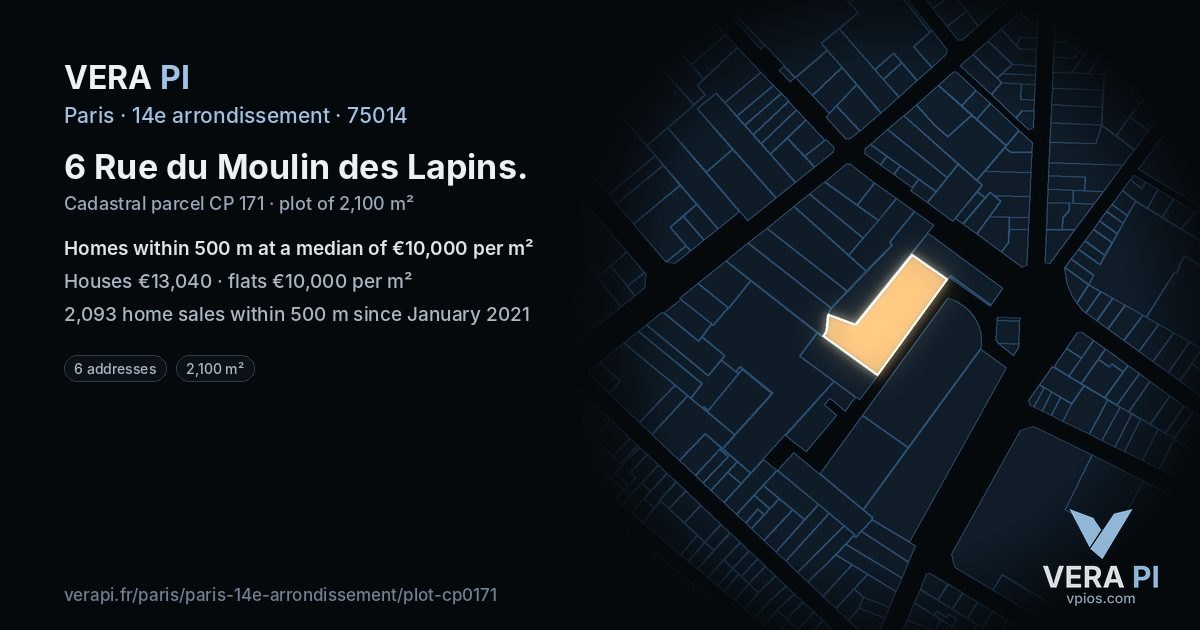 6 Rue du Moulin des Lapins, 14e arrondissement at night – the plot lit, the parcels around coloured by the prices near them