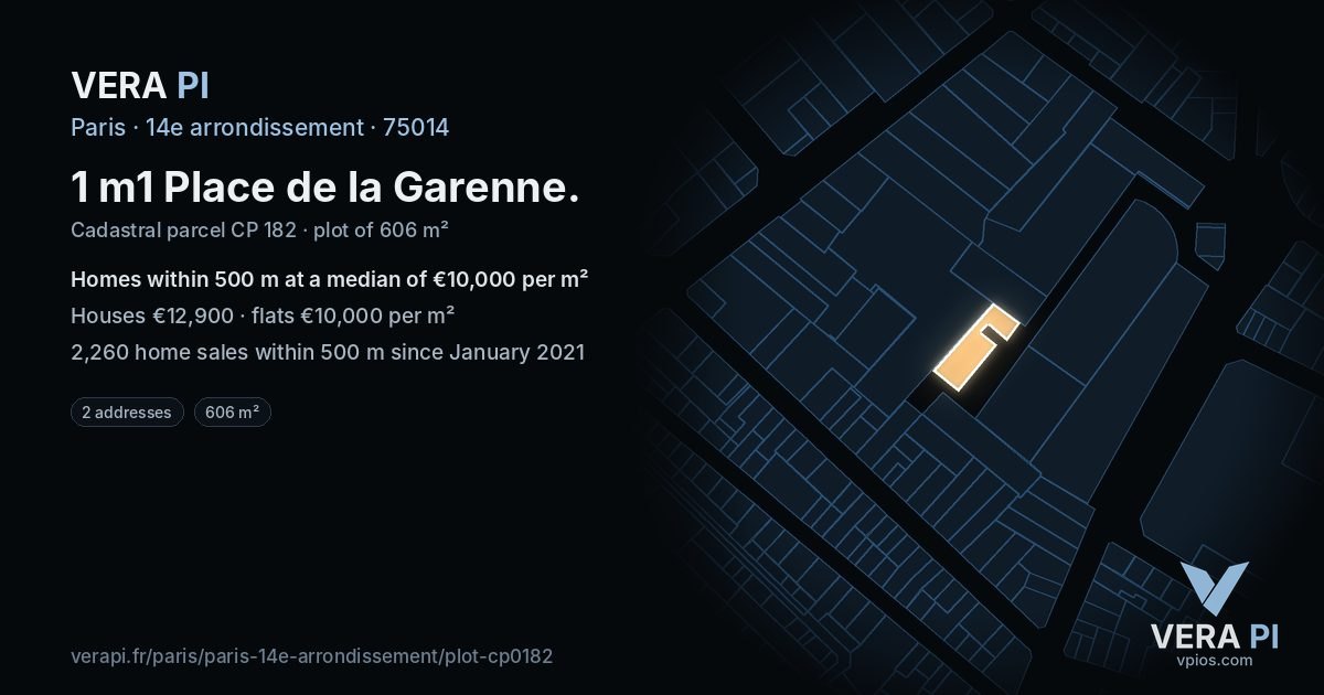 1 m1 Place de la Garenne, 14e arrondissement at night – the plot lit, the parcels around coloured by the prices near them