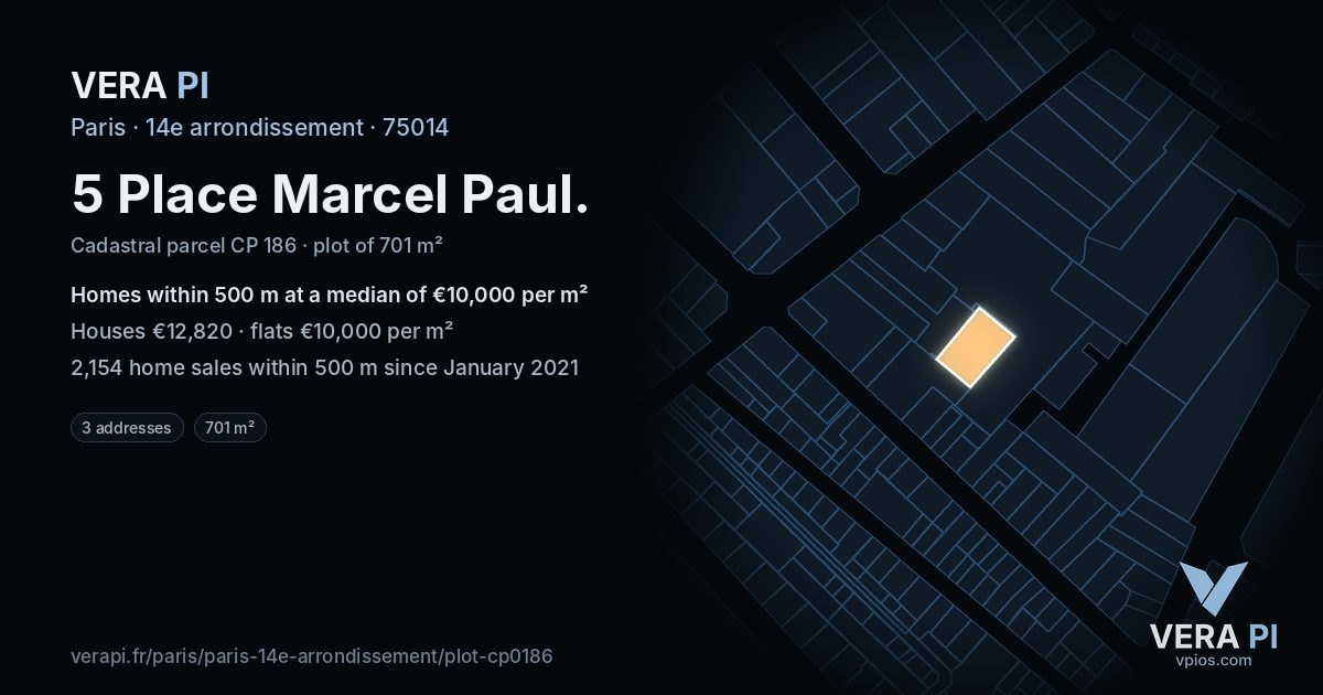 5 Place Marcel Paul, 14e arrondissement at night – the plot lit, the parcels around coloured by the prices near them