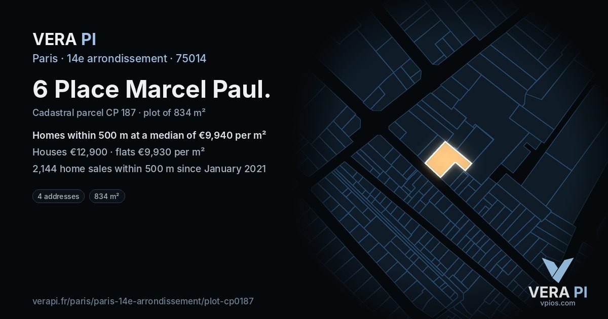 6 Place Marcel Paul, 14e arrondissement at night – the plot lit, the parcels around coloured by the prices near them