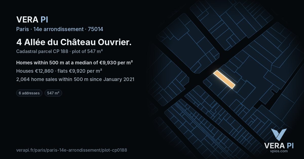 4 Allée du Château Ouvrier, 14e arrondissement at night – the plot lit, the parcels around coloured by the prices near them