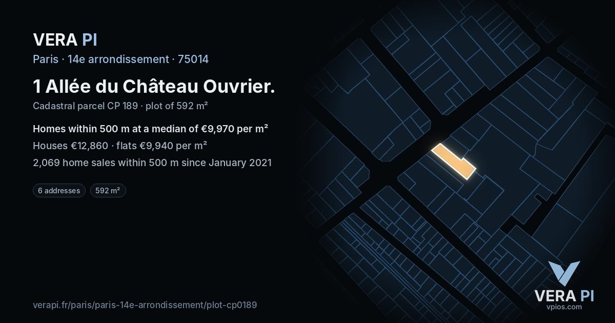 1 Allée du Château Ouvrier, 14e arrondissement at night – the plot lit, the parcels around coloured by the prices near them