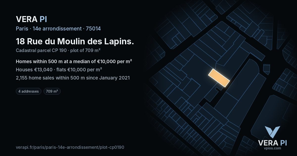 18 Rue du Moulin des Lapins, 14e arrondissement at night – the plot lit, the parcels around coloured by the prices near them