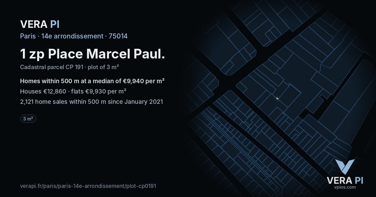 1 zp Place Marcel Paul, 14e arrondissement at night – the plot lit, the parcels around coloured by the prices near them