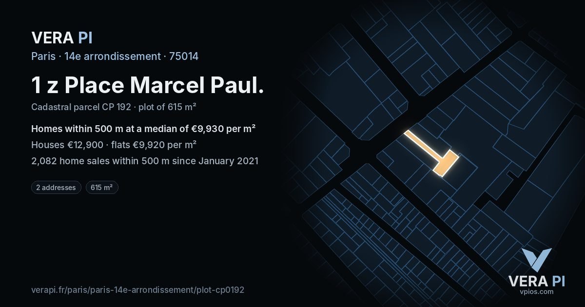 1 z Place Marcel Paul, 14e arrondissement at night – the plot lit, the parcels around coloured by the prices near them