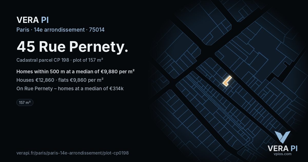 45 Rue Pernety, 14e arrondissement at night – the plot lit, the parcels around coloured by the prices near them