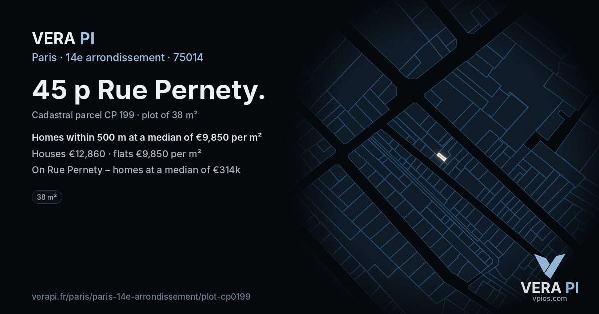 45 p Rue Pernety, 14e arrondissement at night – the plot lit, the parcels around coloured by the prices near them