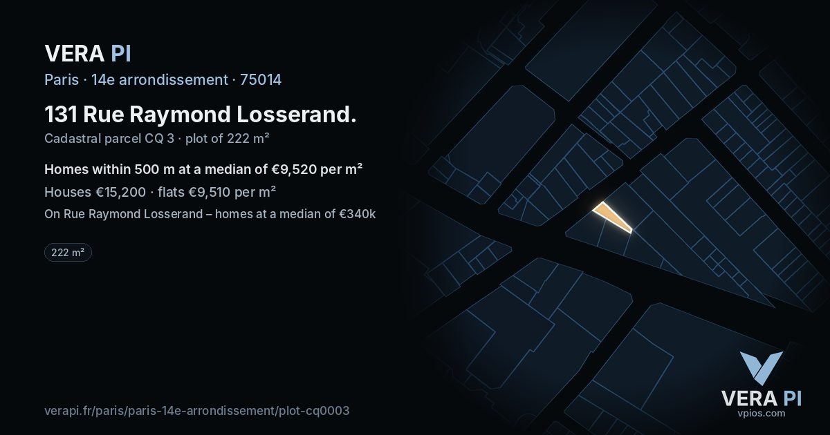 131 Rue Raymond Losserand, 14e arrondissement at night – the plot lit, the parcels around coloured by the prices near them