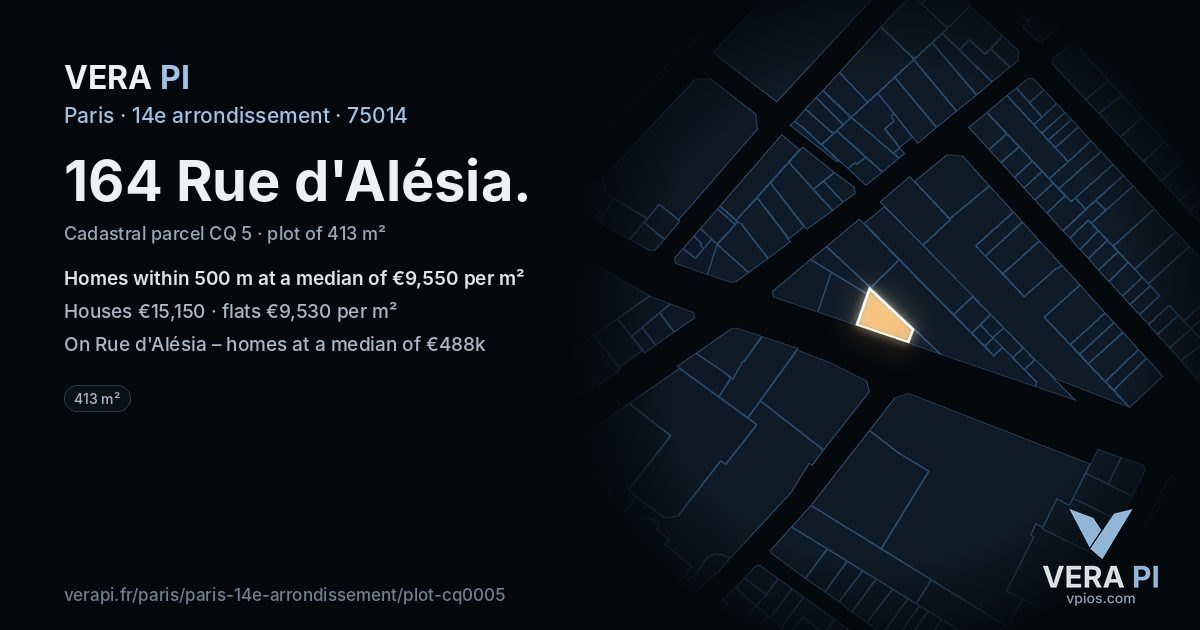 164 Rue d'Alésia, 14e arrondissement at night – the plot lit, the parcels around coloured by the prices near them