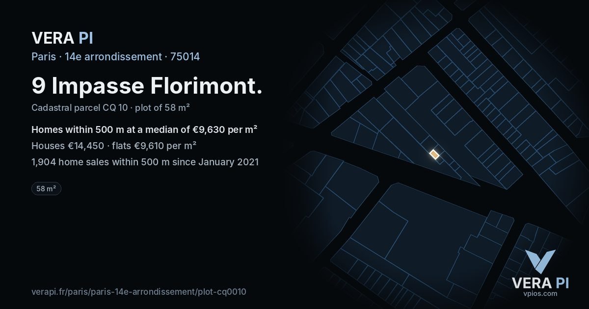 9 Impasse Florimont, 14e arrondissement at night – the plot lit, the parcels around coloured by the prices near them