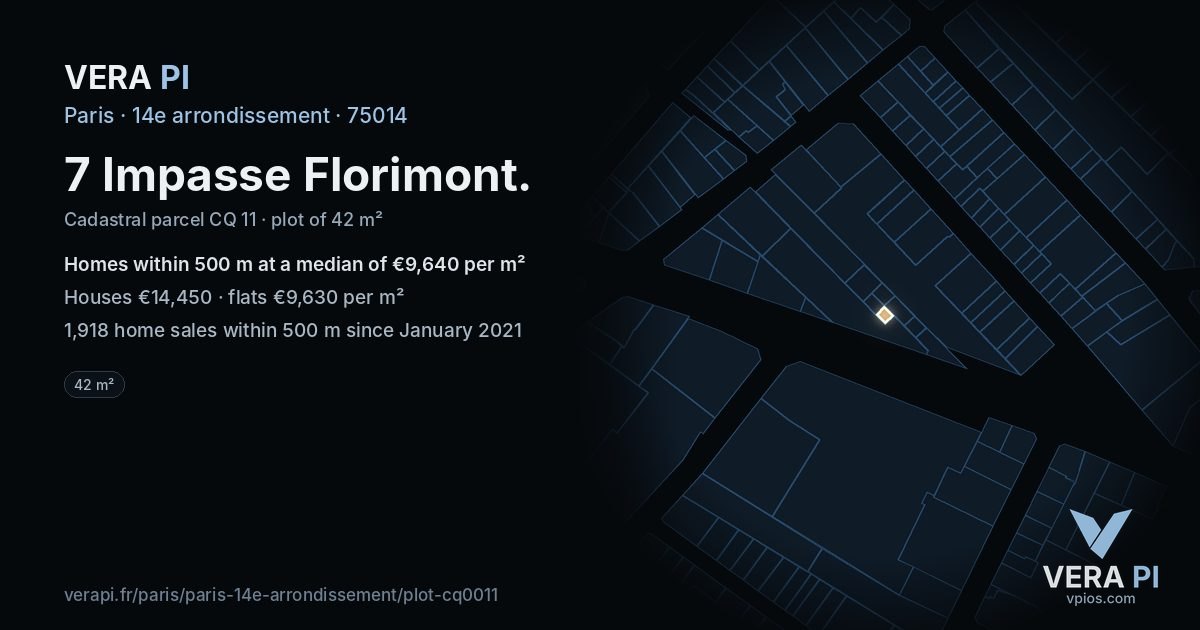 7 Impasse Florimont, 14e arrondissement at night – the plot lit, the parcels around coloured by the prices near them
