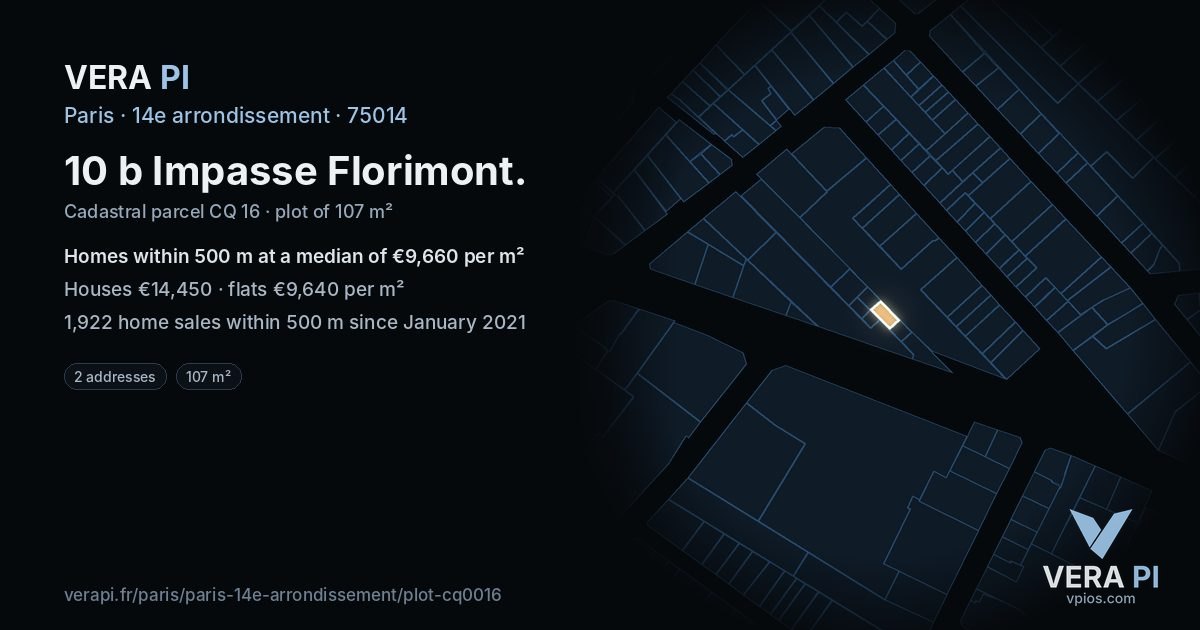 10 b Impasse Florimont, 14e arrondissement at night – the plot lit, the parcels around coloured by the prices near them