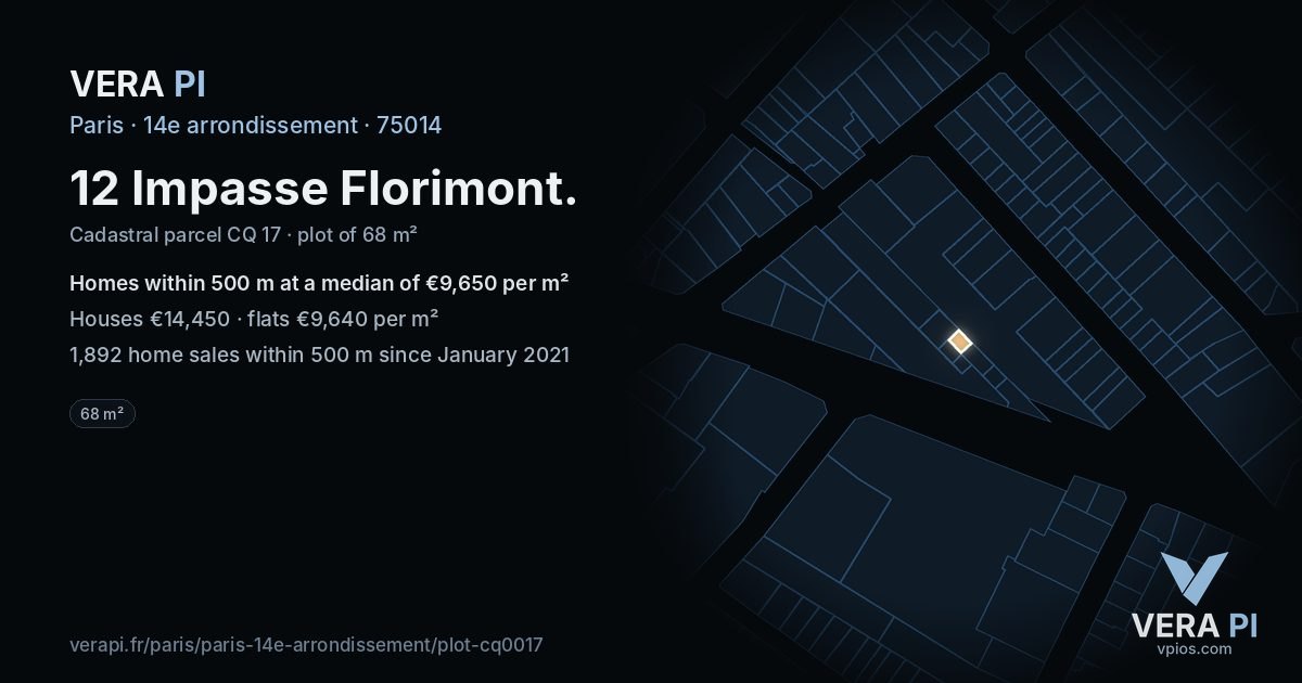 12 Impasse Florimont, 14e arrondissement at night – the plot lit, the parcels around coloured by the prices near them