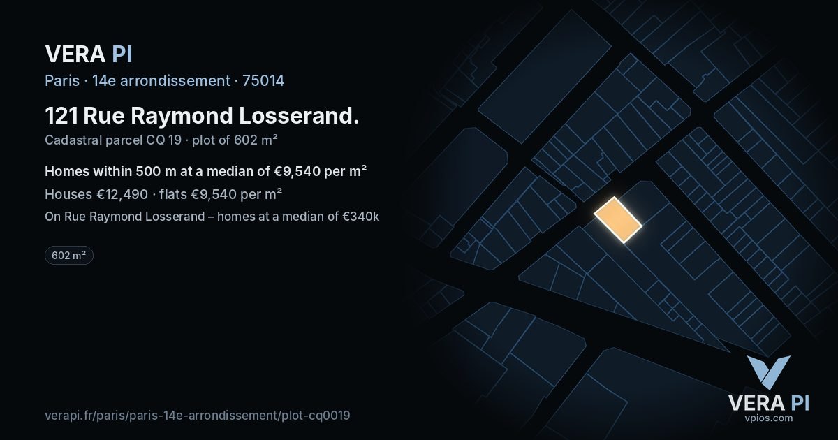 121 Rue Raymond Losserand, 14e arrondissement at night – the plot lit, the parcels around coloured by the prices near them