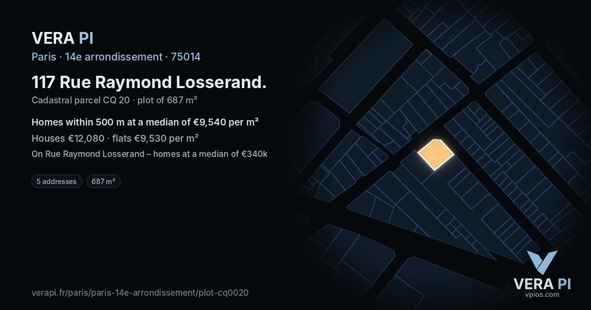 117 Rue Raymond Losserand, 14e arrondissement at night – the plot lit, the parcels around coloured by the prices near them