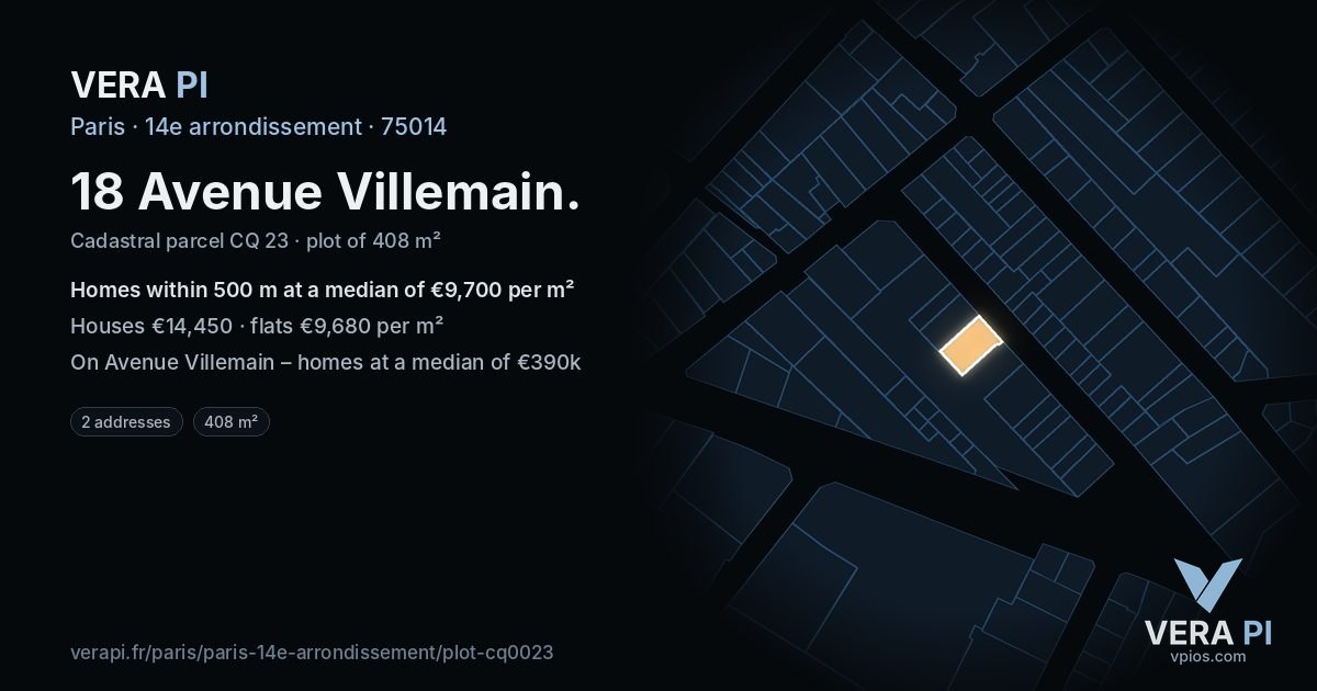 18 Avenue Villemain, 14e arrondissement at night – the plot lit, the parcels around coloured by the prices near them