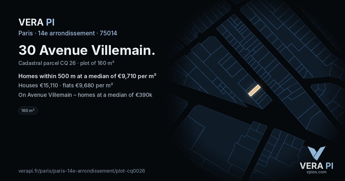 30 Avenue Villemain, 14e arrondissement at night – the plot lit, the parcels around coloured by the prices near them