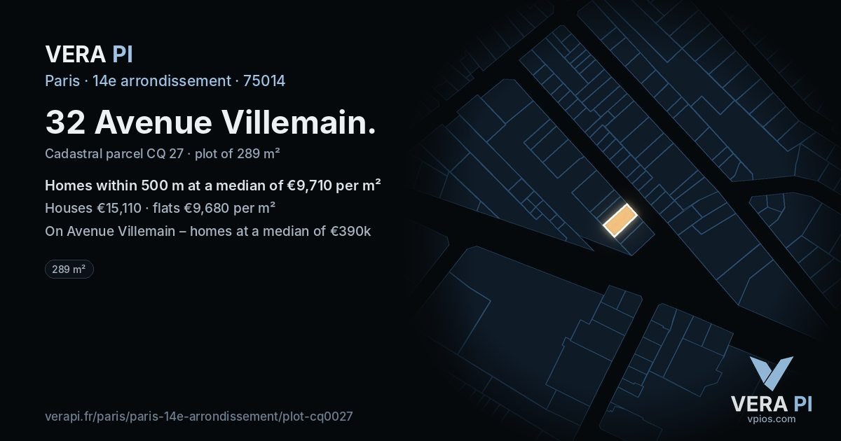 32 Avenue Villemain, 14e arrondissement at night – the plot lit, the parcels around coloured by the prices near them