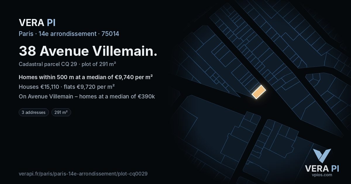 38 Avenue Villemain, 14e arrondissement at night – the plot lit, the parcels around coloured by the prices near them