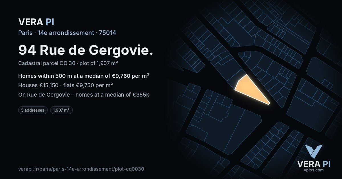 94 Rue de Gergovie, 14e arrondissement at night – the plot lit, the parcels around coloured by the prices near them