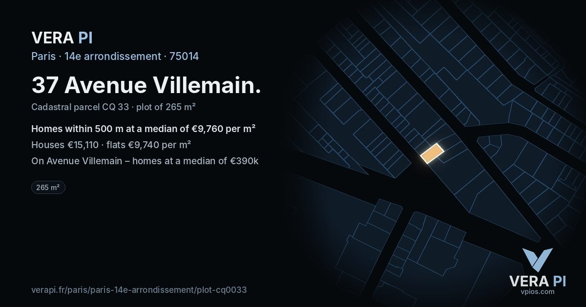 37 Avenue Villemain, 14e arrondissement at night – the plot lit, the parcels around coloured by the prices near them