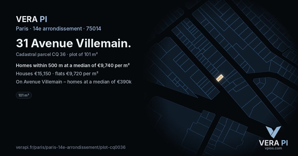 31 Avenue Villemain, 14e arrondissement at night – the plot lit, the parcels around coloured by the prices near them