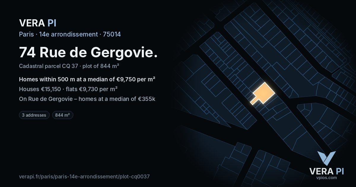74 Rue de Gergovie, 14e arrondissement at night – the plot lit, the parcels around coloured by the prices near them