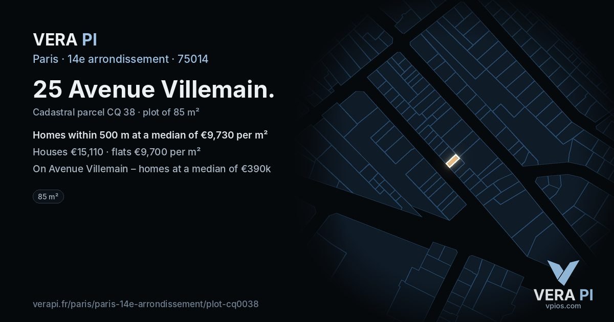 25 Avenue Villemain, 14e arrondissement at night – the plot lit, the parcels around coloured by the prices near them
