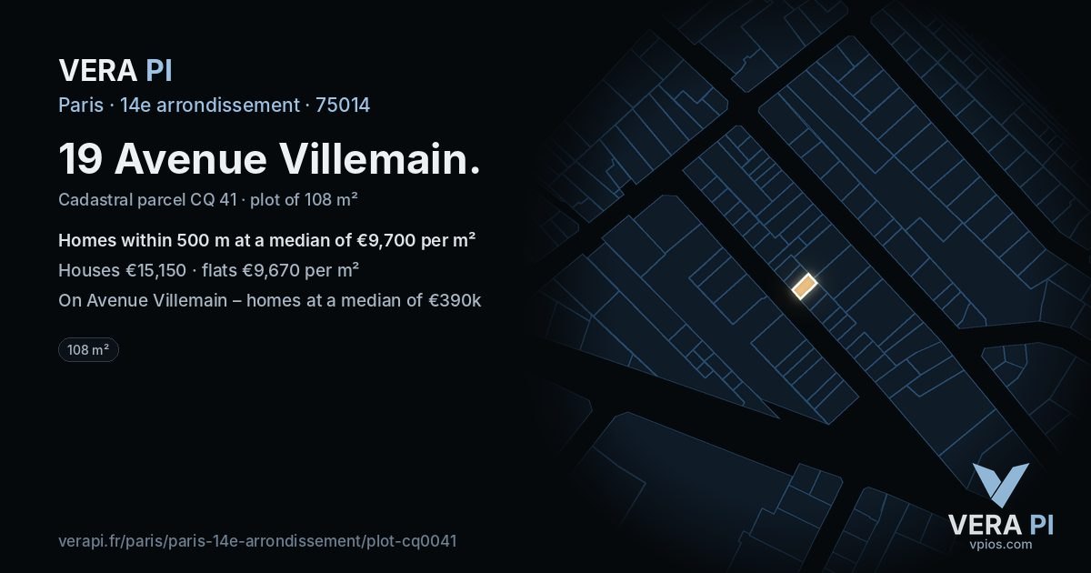 19 Avenue Villemain, 14e arrondissement at night – the plot lit, the parcels around coloured by the prices near them