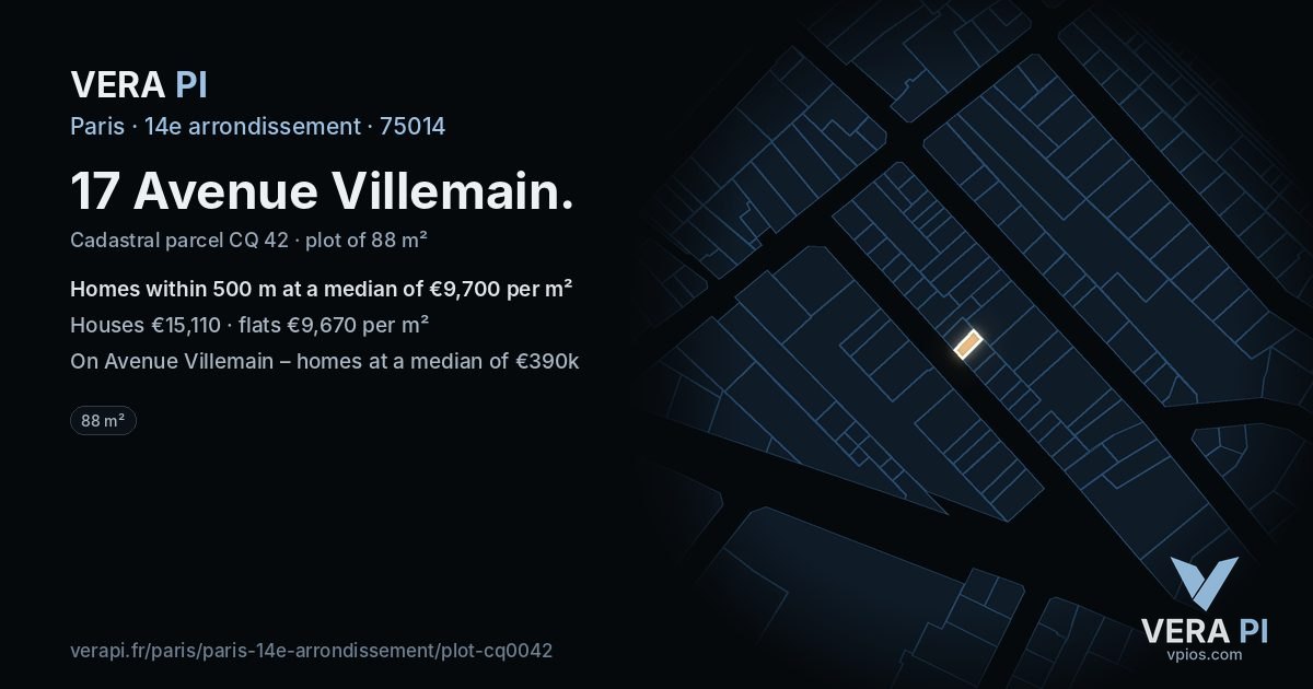 17 Avenue Villemain, 14e arrondissement at night – the plot lit, the parcels around coloured by the prices near them