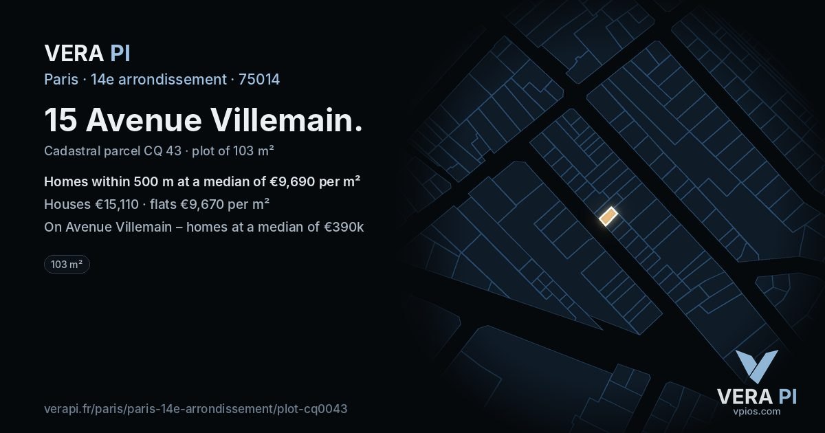 15 Avenue Villemain, 14e arrondissement at night – the plot lit, the parcels around coloured by the prices near them