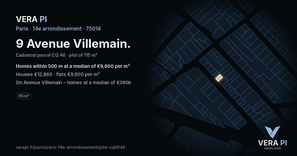 9 Avenue Villemain, 14e arrondissement at night – the plot lit, the parcels around coloured by the prices near them