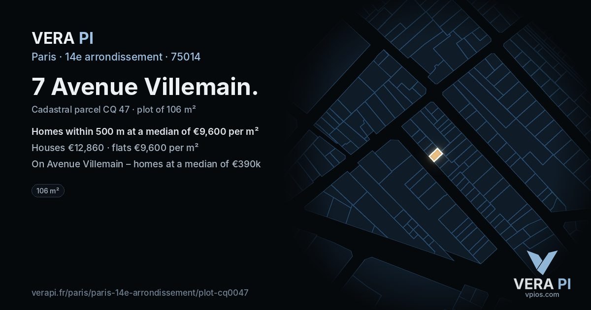 7 Avenue Villemain, 14e arrondissement at night – the plot lit, the parcels around coloured by the prices near them
