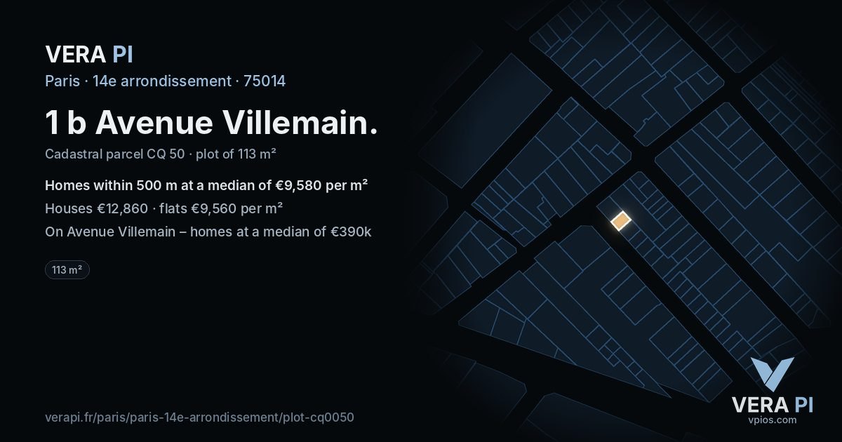 1 b Avenue Villemain, 14e arrondissement at night – the plot lit, the parcels around coloured by the prices near them