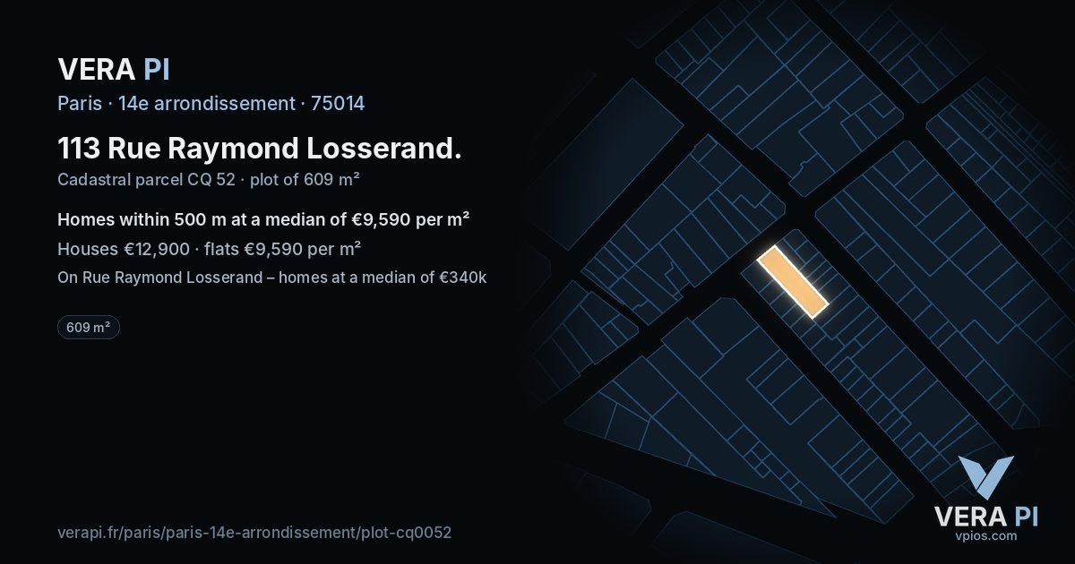 113 Rue Raymond Losserand, 14e arrondissement at night – the plot lit, the parcels around coloured by the prices near them
