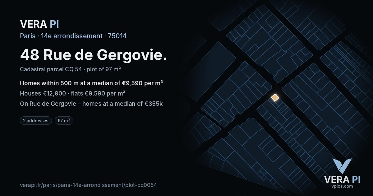 48 Rue de Gergovie, 14e arrondissement at night – the plot lit, the parcels around coloured by the prices near them
