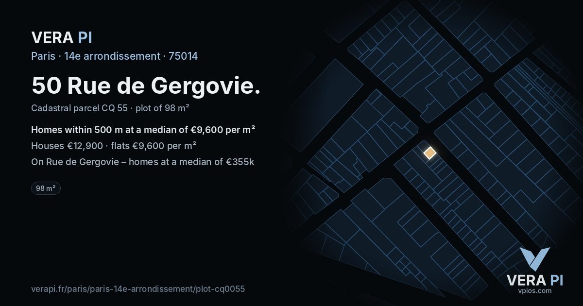 50 Rue de Gergovie, 14e arrondissement at night – the plot lit, the parcels around coloured by the prices near them