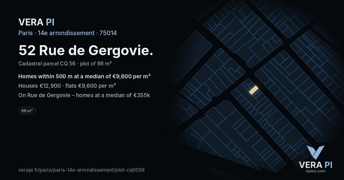 52 Rue de Gergovie, 14e arrondissement at night – the plot lit, the parcels around coloured by the prices near them