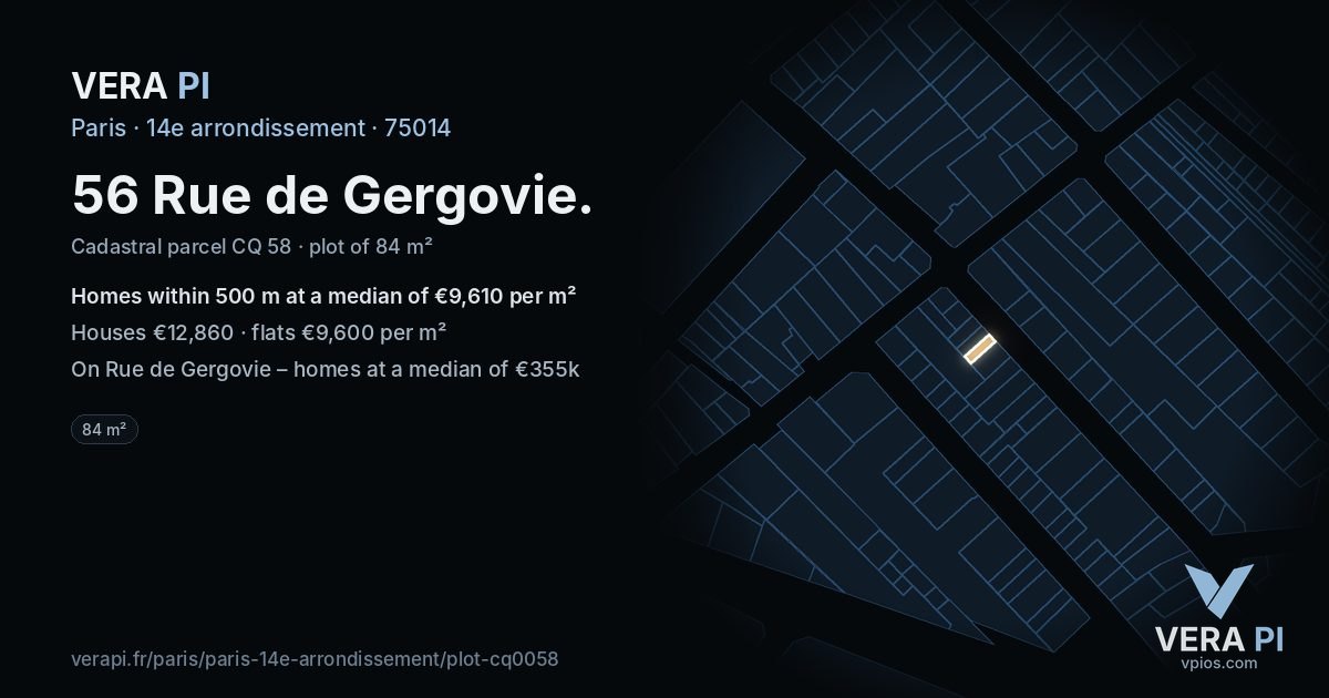 56 Rue de Gergovie, 14e arrondissement at night – the plot lit, the parcels around coloured by the prices near them