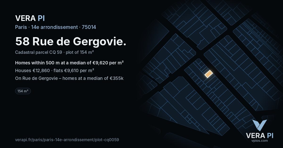 58 Rue de Gergovie, 14e arrondissement at night – the plot lit, the parcels around coloured by the prices near them