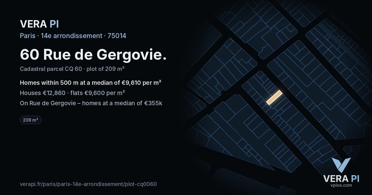 60 Rue de Gergovie, 14e arrondissement at night – the plot lit, the parcels around coloured by the prices near them