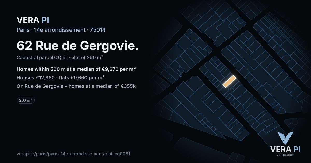 62 Rue de Gergovie, 14e arrondissement at night – the plot lit, the parcels around coloured by the prices near them