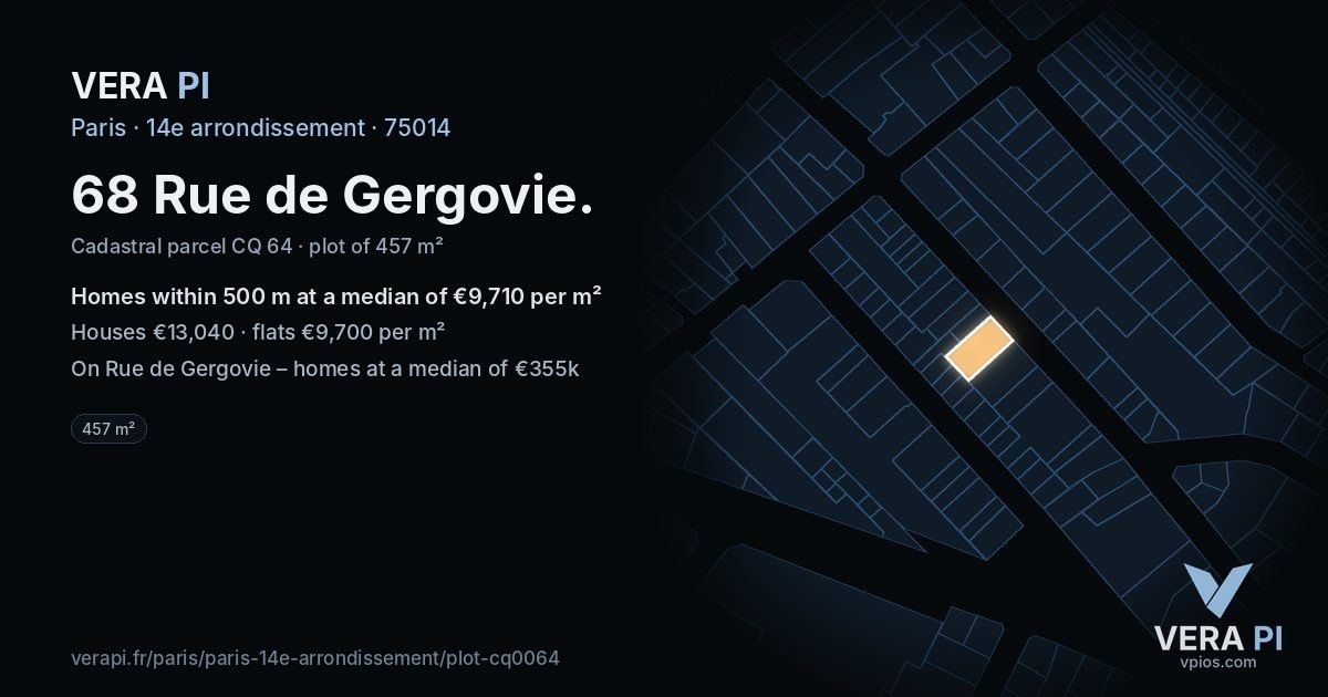 68 Rue de Gergovie, 14e arrondissement at night – the plot lit, the parcels around coloured by the prices near them