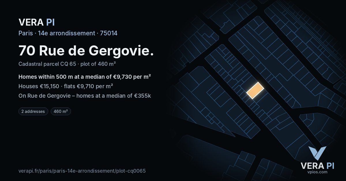 70 Rue de Gergovie, 14e arrondissement at night – the plot lit, the parcels around coloured by the prices near them