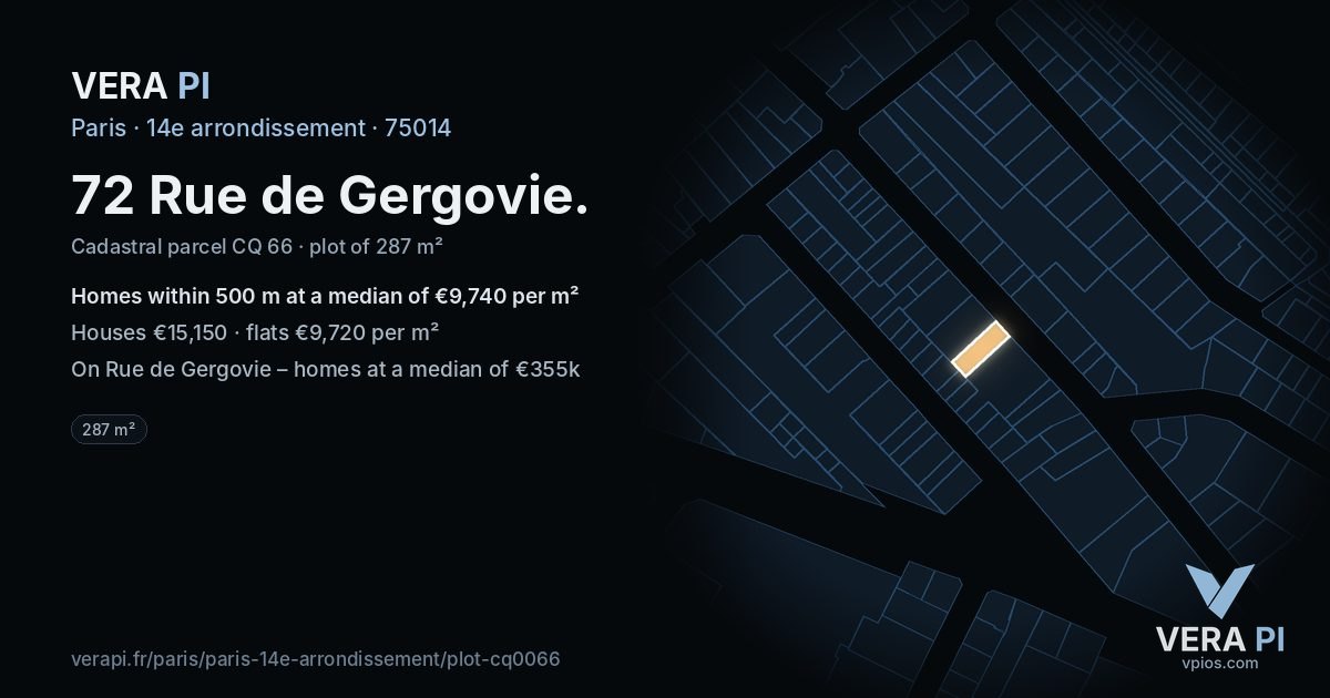 72 Rue de Gergovie, 14e arrondissement at night – the plot lit, the parcels around coloured by the prices near them