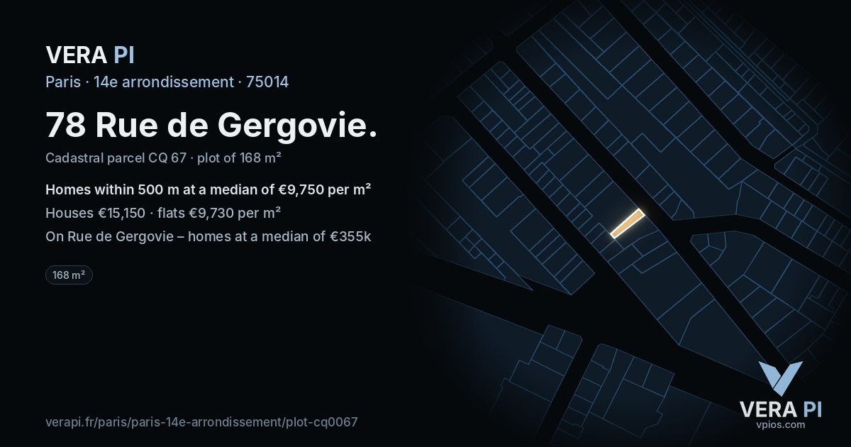 78 Rue de Gergovie, 14e arrondissement at night – the plot lit, the parcels around coloured by the prices near them