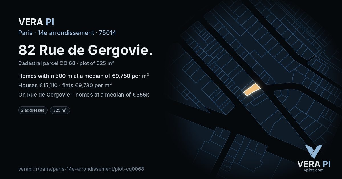 82 Rue de Gergovie, 14e arrondissement at night – the plot lit, the parcels around coloured by the prices near them