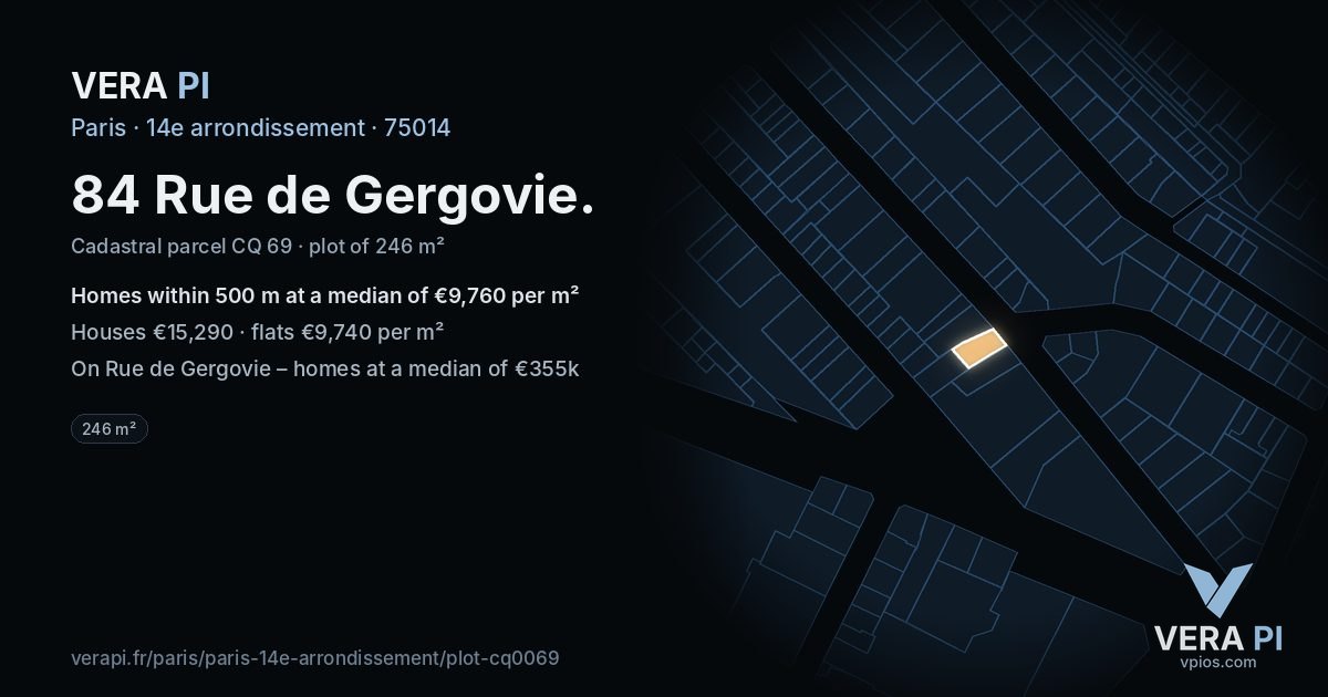 84 Rue de Gergovie, 14e arrondissement at night – the plot lit, the parcels around coloured by the prices near them