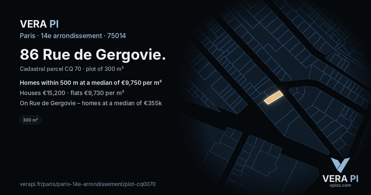 86 Rue de Gergovie, 14e arrondissement at night – the plot lit, the parcels around coloured by the prices near them